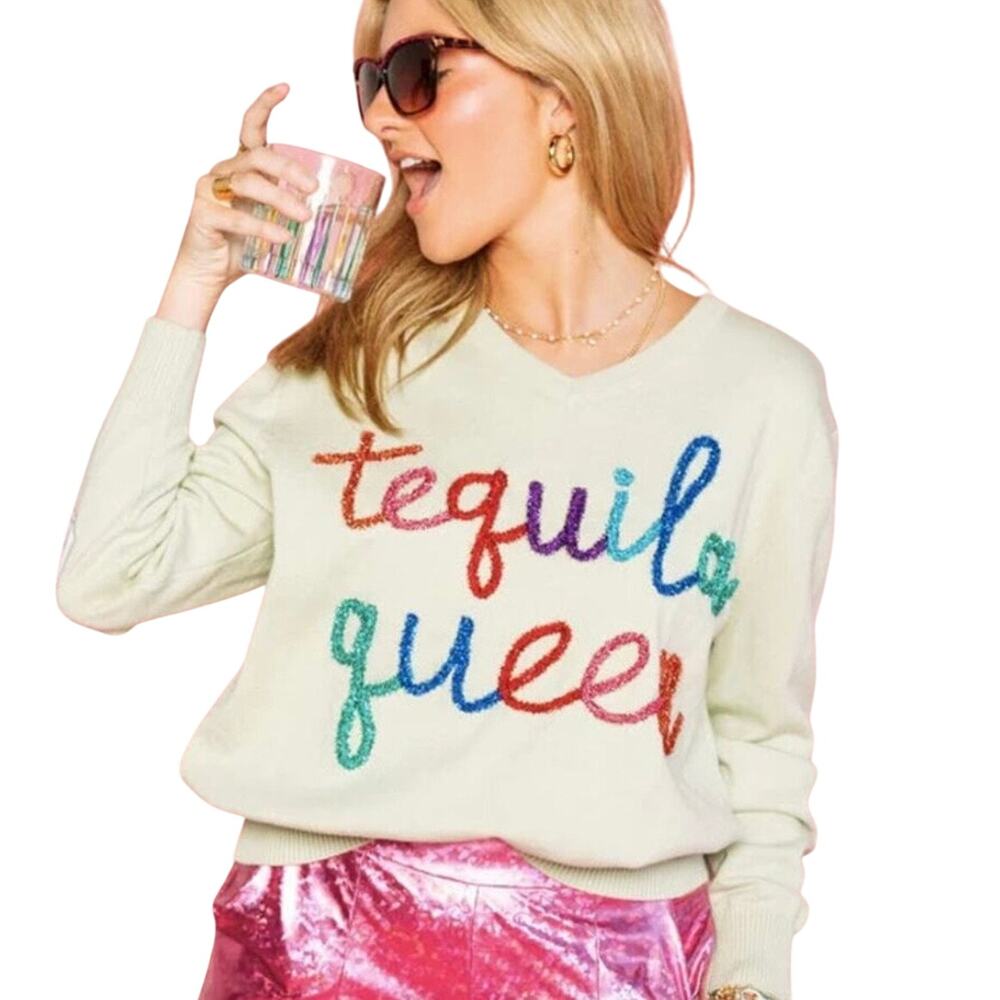 Queen of Sparkles White Tequila Queen Lime Salt Sequin V-Neck Sweater Size XL